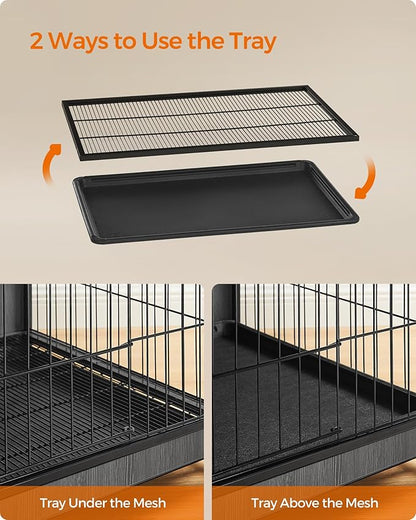 Feandrea 44.1" Dog Crate Furniture, Indoor Dog Cage Side End Table, XL Pet Wood Kennel for Large and Medium Dogs up to 80 lb with Multi-Purpose Removable Tray, Double-Door Pet House, Ink Black