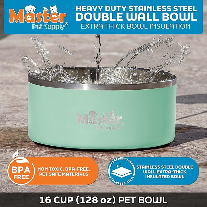 Master Pet Supply Stainless Steel Dog Bowls - 128 oz, Heavy Duty - Pistachio, Double Wall Extra-Thick Insulated, Non-Slip Pet Water Bowl for Dogs, Cats & Pets, Anti Rust Metal, Dish Washer Safe