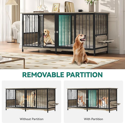YITAHOME 71" Double Dog Crate Furniture with Divider, Wooden Large Dog Kennel with Flip-Top&4 Rotatable Bowls&2 Cushions, Dog Crate Furniture TV Stand for Medium Large Dogs, Grey
