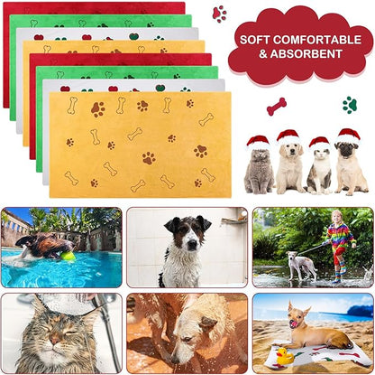 Chumia 8 Pcs Dog Towels for Drying Dogs Cats Pet Towels Bulk Puppy Microfiber Fast Drying Paw Bath Bathing Supplies Absorbent for Medium Pets(40 x 24 Inch,Dog Paw and Bone,Christmas Color)