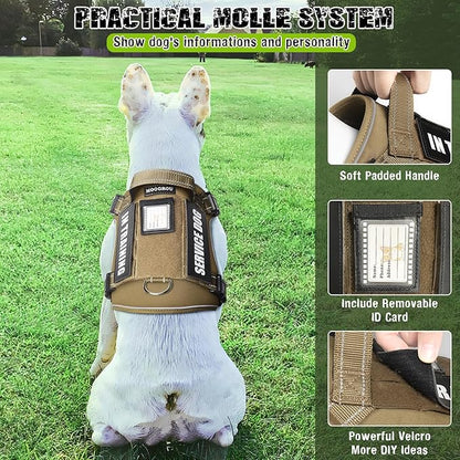 Tactical Dog Harness and Leash Set Small Sized Dog,Heavy Duty No Pull Service Dog Vest and 10 Patches with Dog Seat Belt,Reflective Adjustable Pet Harness for Training Walking Hiking Brown S