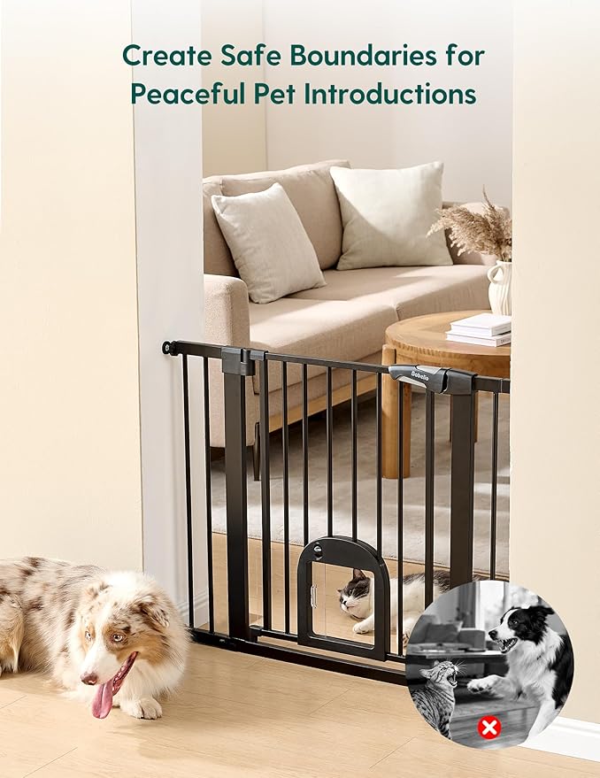 Babelio Upgraded Baby Gate with Cat Door, Auto Close Durable Dog Gate for Stairs, Doorways and House, Easy Walk Thru Safety Gate with Pet Door Includes 4 Wall Cups, 29-48" Wide, 30" Tall, Black