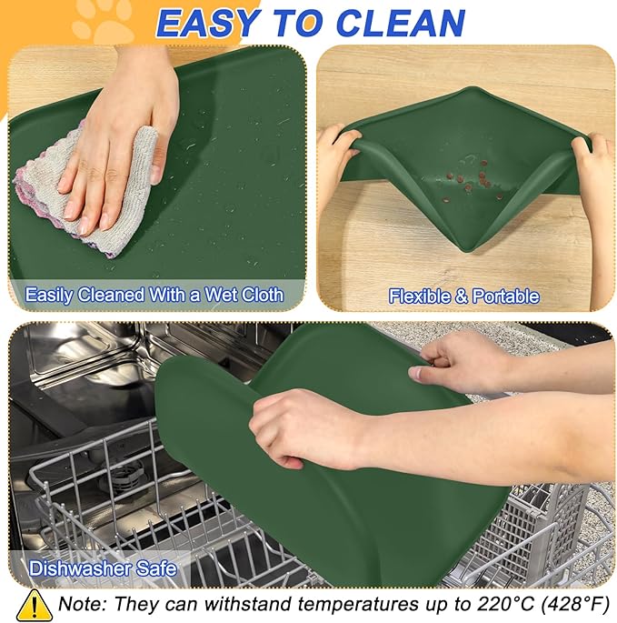 SMILOOL Silicone Pet Feeding Mat with Raised Edge for Food and Water, Dog Bowl Mats, Cat Bowls Placemat with High Lip for Floor Waterproof, Rubber Tray for Cats and Dogs 22 x 14 x0.8 Dark Olive