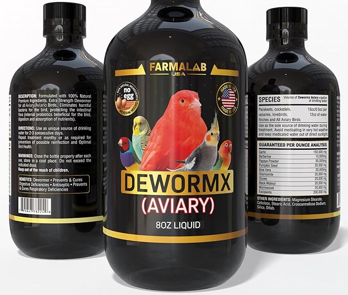 Farmalab Natural Dewormer No Withdraw Hens, Ducks, Roosters, Turkeys, Goose, Parakeets, Cockatiels, Lovebirds, Finches, Quakers, Pigeons, Palomas, Buchones, All Baby Chicks (8oz, Caged Birds Aviary)