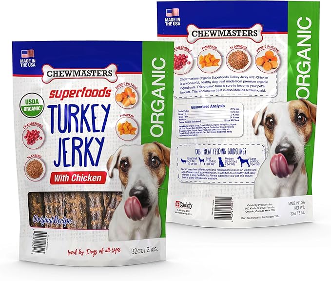 Chewmasters Organic Turkey Jerky with Chicken Dog Treat for All Life Stages - Fresh and Healthy Turkey Dog Treats - High Protein, Real Meat Snack, Grain Free, by-Product Free - USA Made, 2lb