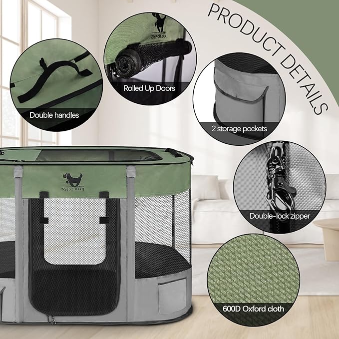 Rest-Eazzzy Dog Playpen, Foldable Kitten Playpen for Medium Dogs, Portable Pet Puppy Playpen with Removable Shade Cover, Indoor Outdoor Travel Camping Use for Small Pets with Carrying Case (L, Green)