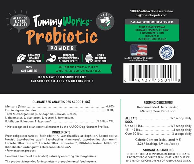 TummyWorks Probiotics for Dogs and Cats. 160 Scoops Probiotic Powder for Digestive Health, Gut, Immunity, Energy, Skin & Coat. 10 Strains, 5 Billion CFUs with 6 Enzymes & Prebiotics. Made in USA.