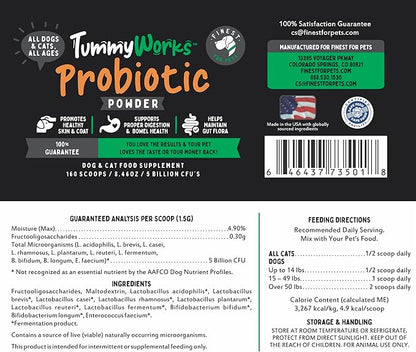 TummyWorks Probiotics for Dogs and Cats. 160 Scoops Probiotic Powder for Digestive Health, Gut, Immunity, Energy, Skin & Coat. 10 Strains, 5 Billion CFUs with 6 Enzymes & Prebiotics. Made in USA.