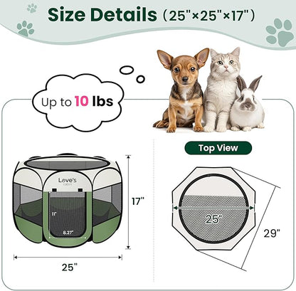 Love's cabin Pet Puppy Dog Playpen, Small Dog Tent Crates Cage Indoor/Outdoor, Portable Playpen for Cat, Foldable Pop Up Dog Kennel Playpen with Carring Case, Removable Zipper Top, Olive Green