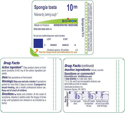 Boiron Spongia Tosta 10M for Dry, Barking Cough - 80 Pellets