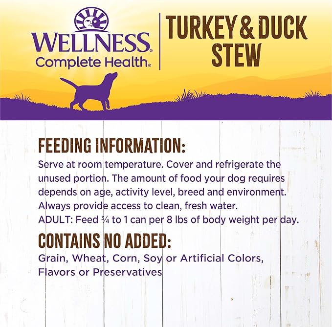 Wellness Complete Health Stew Adult Canned Wet Dog Food, Grain Free, Natural, Turkey and Duck Recipe, 12.5 oz, Pack of 12 Cans