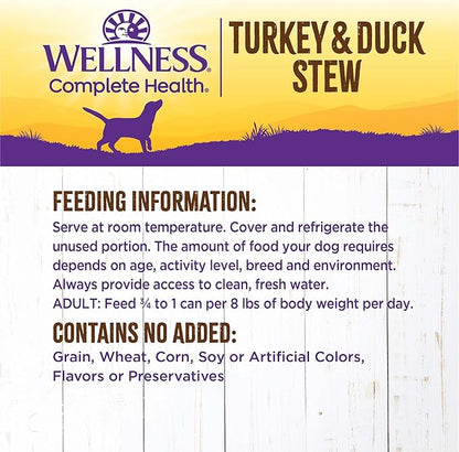 Wellness Complete Health Stew Adult Canned Wet Dog Food, Grain Free, Natural, Turkey and Duck Recipe, 12.5 oz, Pack of 12 Cans