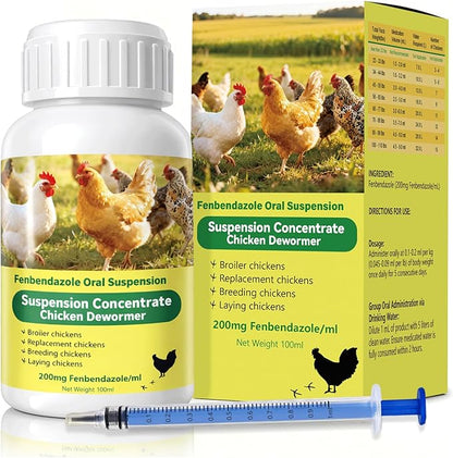 Chicken Dewormer for Chickens & Laying Hens, Fenbendazole Liquid Chicken Wormer, Easy Mix in Water, for Tapeworms Roundworms Hookworms, 100 mL