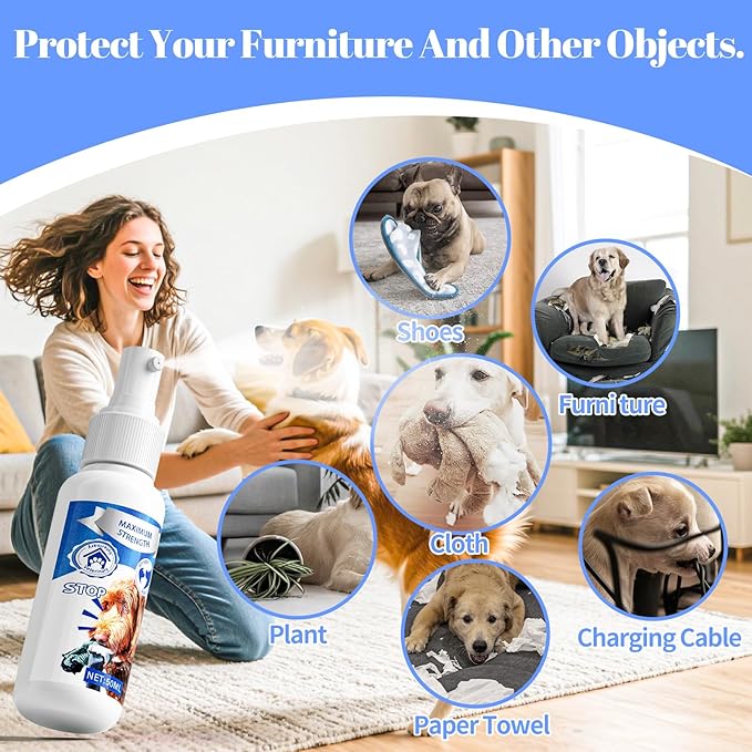 No Chew Spray for Dogs, Bitter Apple Spray for Dogs to Stop Chewing,50ML Natural&Safe Anti Chew Deterrent Spray, Alcohol-Free Effective Indoor/Outdoor Use, Protect Furniture Shoes&Household (Blue)