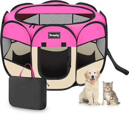 Portable Pet Dog Playpen, Pet Playpen Foldable Extra Heavy Duty Pop Up No Assembly Kennel Tent Crate Indoor Outdoor with Shade Ventilation Mesh for Small Animals, Kitten, Cat, Rabbit (Hot Pink)