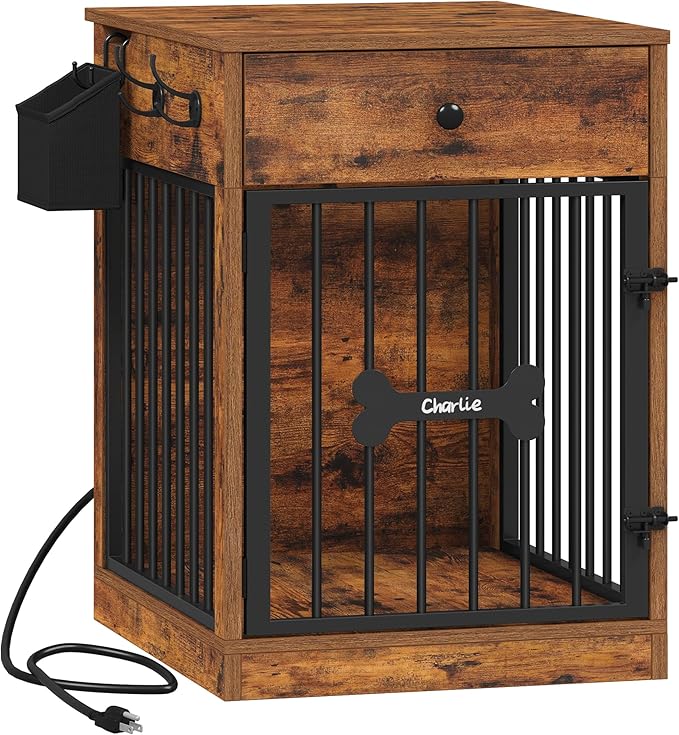 Hzuaneri 24.6'' Dog Crate Furniture with Charging Station, Dog Kennel Indoor with Flip-Top Storage, Wooden Pet Cage Dog House End Side Table for Small Dog Anti-Chew Anti-Escape, Rustic Brown DFC90101B