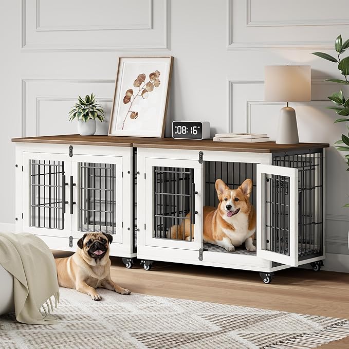 YaFiti Dog Crate Furniture with Cushion Set of 2, Wooden Dog Kennel Indoor with Double Doors, Dog Cage with Wheels, Dog House Side End Table for Small Medium Dogs up to 45 lb, 32.5" L, White