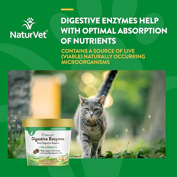NaturVet – Digestive Enzymes for Cats Plus Probiotics – 60 Soft Chews – Helps Support Diet Change & A Healthy Digestive Tract – Aids in the Absorption of Vitamins & Minerals – 30 Day Supply