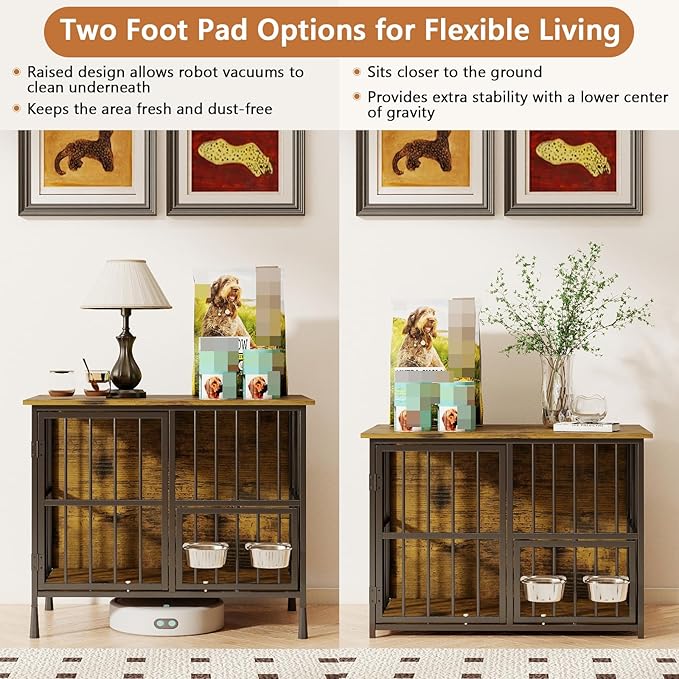 Hadulcet Foldable Dog Crate Furniture, No Assembly Indoor Dog Kennel with Storage Top, Wooden Dog Crate Table for Small to Medium Dogs, 27.55” Furniture Style Dog Cage with 2 Bowls Rustic Brown