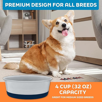 Master Pet Supply Stainless Steel Dog Bowls Set of 2 with Extra Thick Silicone Base - 4 Cup (32 oz) Navy Blue, Non-Slip, Dishwasher Safe Metal Bowls, Pet Dog Food Bowl for Dogs, Cats, Anti Rust