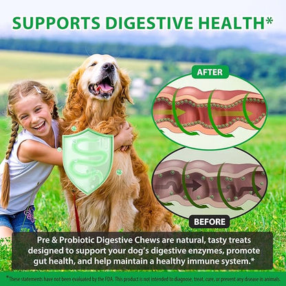 Dog Probiotic Chews, Duck Flavor Chewable Tablets for Dogs, Gut Health & Digestive Support with Probiotics & Prebiotics, Helps with Occasional Loose Stool, Gas & Sensitive Stomach, for All Breeds