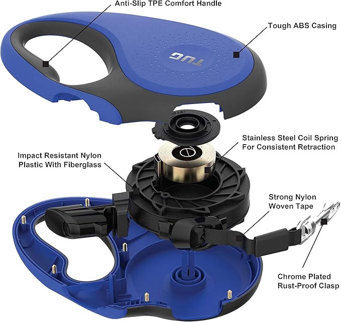 TUG 360° Tangle-Free Retractable Dog Leash with Anti-Slip Handle | 16 ft Strong Nylon Tape | One-Handed Brake, Pause, Lock (Medium, Blue)