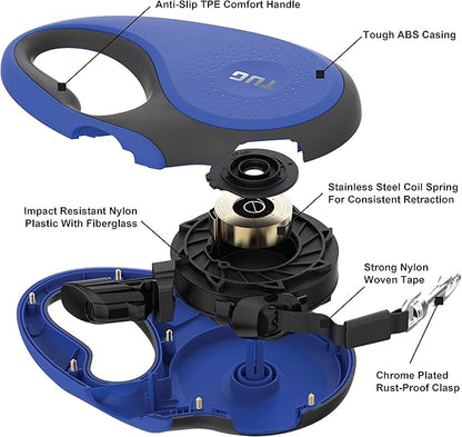 TUG 360° Tangle-Free Retractable Dog Leash with Anti-Slip Handle | 16 ft Strong Nylon Tape | One-Handed Brake, Pause, Lock (Large, Blue)