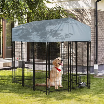 Outdoor Dog Kennel Outside Run with Doggy Door, Swivel Feeder & Roof, 6'x4'x6' Large Dog Kennels Pens Outside for Large Dogs Breed-Heavy Duty Cage Enclosure Yard