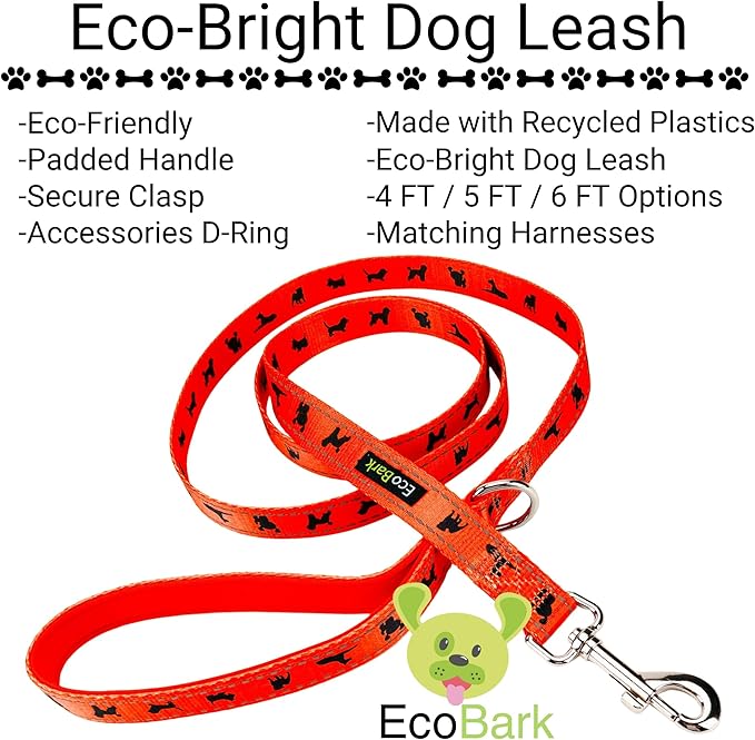 EcoBark Dog Leash - Soft & Reflective Comfort Training Leashes with Padded Handle - Safe, Strong, & Durable for Small, Medium or Large Dogs (Orange)