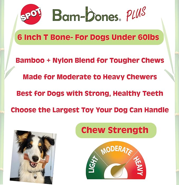 SPOT Bam-Bones Plus T-Bone Dog Chew Toy, Bamboo Fiber & Nylon, Chicken Flavor, Durable Non-Splintering Chew for Moderate to Aggressive Chewers, Dogs 30-60 lbs, 6 Inch