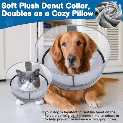 BARKLESS Dog Donut Collar, 2-in-I Inflatable Dog Collars for After Surgery to Stop Licking Wounds, Patented Protective Donut Cone with High Shield for Large Pets (Grey, XL)