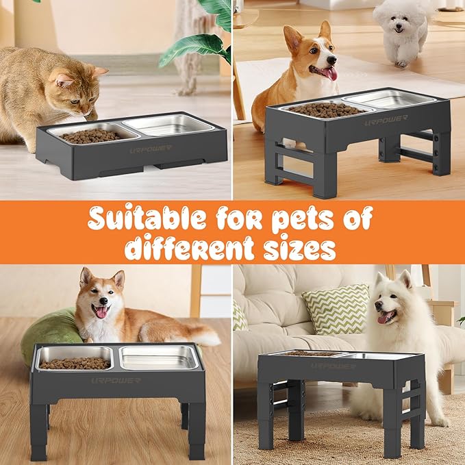 URPOWER Raised Dog Bowls 4 Height Adjustable Elevated Bowl Stand with Stainless Steel Water Bowl Non-Slip Dog Food Bowls Stand for Small Medium Large Dogs and Pets