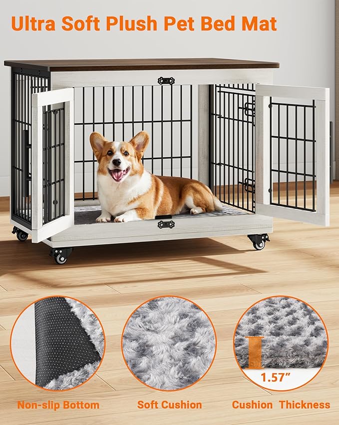 YaFiti Dog Crate Furniture with Cushion Set of 2, Wooden Dog Kennel Indoor with Double Doors, Dog Cage with Wheels, Dog House Side End Table for Small Medium Dogs up to 45 lb, 32.5" L, White