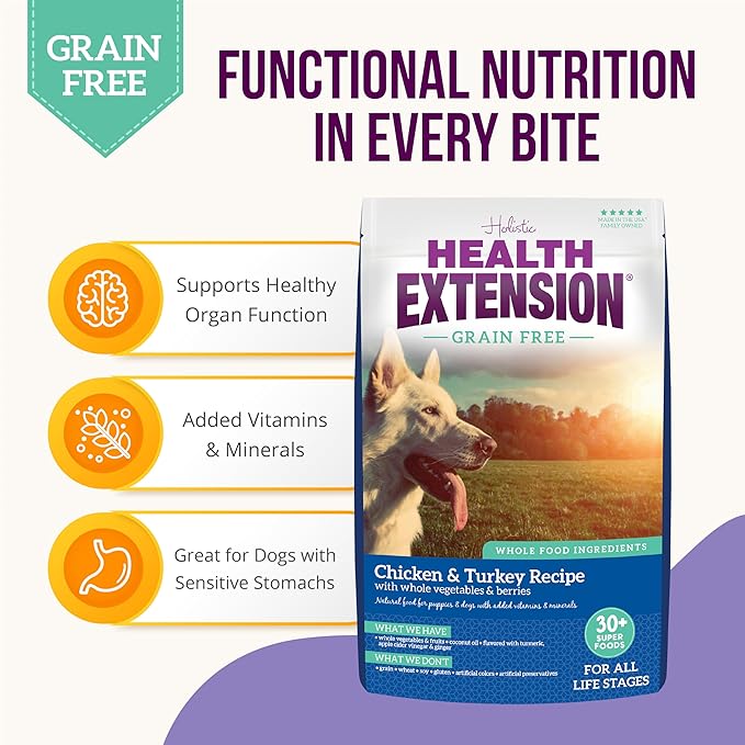 Health Extension Grain Free Chicken & Turkey Dry Dog Food - 30+ Superfoods and Probiotics for All Life Stages (4 lb)