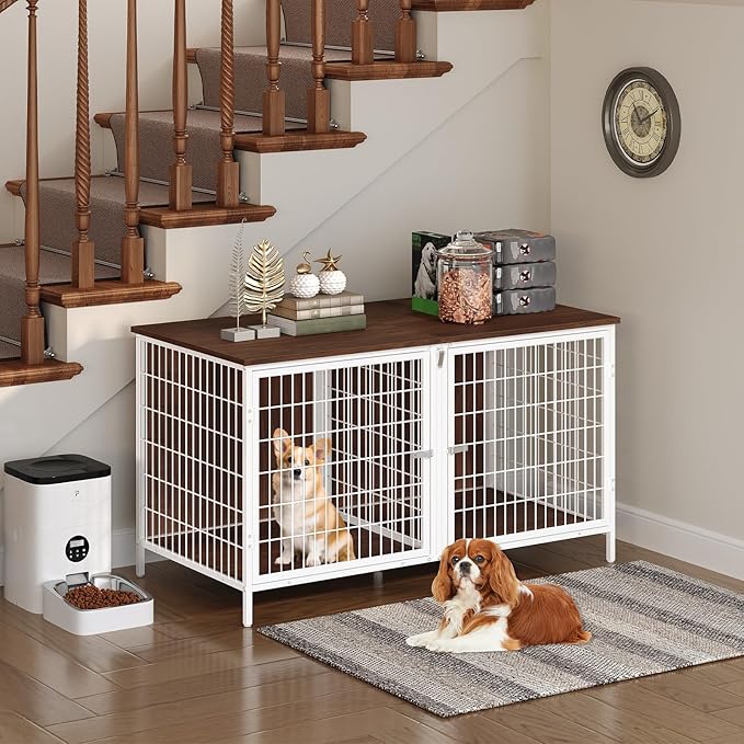 MAHANCRIS Dog Crate Furniture for 2 Dogs, 43.3" Dog Kennel with Removable Divider, Heavy Sturdy Dog Furniture Style Double Cage for Small Medium Dogs, Indoor Pet House End Table, White and Walnut