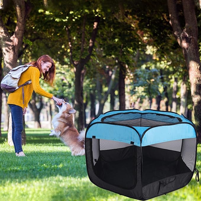Portable Pet Playpen for Dogs and Cats,Pop Up Playpen for Small Middle Dogs Cats Pet Tent Playground,Indoor Outdoor,37x37x24,Blue/Black,1Pack