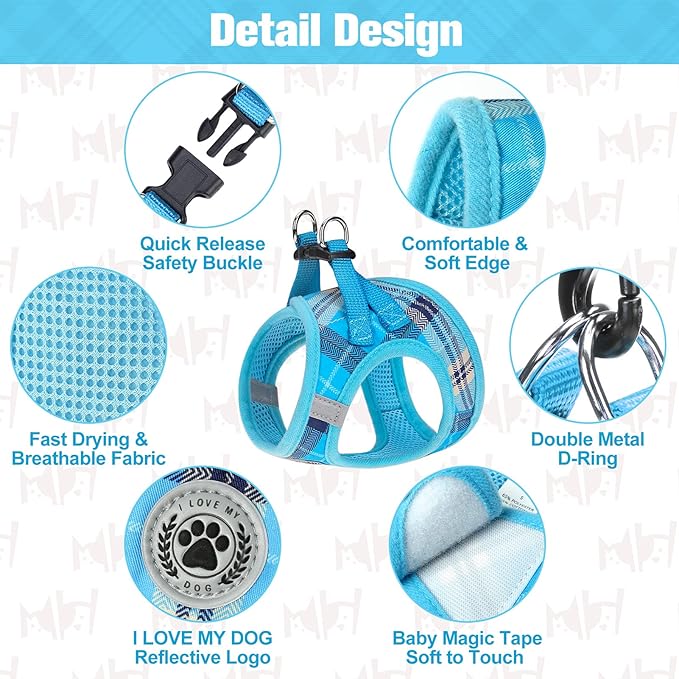 BEAUTYZOO Small Dog Harness and Leash Set,Step in No Choke No Pull Soft Mesh Dog Harnesses Reflective for Extra-Small/Small Medium Puppy Dogs and Cats, Plaid Dog Vest Harness for XS S Pets, Blue L