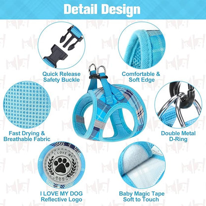BEAUTYZOO Small Dog Harness and Leash Set,Step in No Choke No Pull Soft Mesh Dog Harnesses Reflective for Extra-Small/Small Medium Puppy Dogs and Cats, Plaid Dog Vest Harness for XS S Pets, Blue L