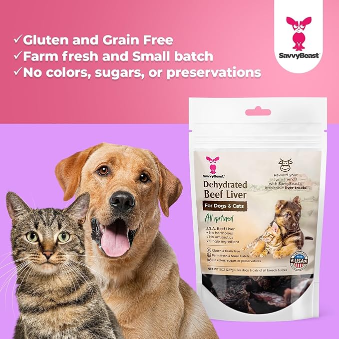 SavvyBeast Dehydrated Beef Liver Dog Treats – Gently Air Dried Raw Organ Meat – Healthy, All-Natural, Single Ingredient, Grain-Free Dry Jerky – Training Treats for Dogs & Cats – Made in USA – 5 oz