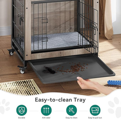 YITAHOME Dog Crate Furniture with Cushion, Dog Kennel Indoor with Wheels, Dogs Crate End Table with Tray, 27" Cage with Double Doors for Small Dogs (Gray)