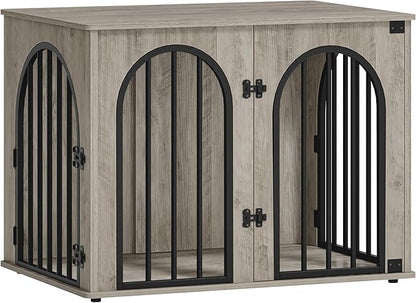 Hzuaneri 31.5'' Wooden Dog Crate Furniture, Indoor Dog Kennel Dogs Cage for Small/Medium Dogs, Heavy Duty Dog Crates Decorative Pet House End Side Table TV Stand, Greige Black DFC85105B
