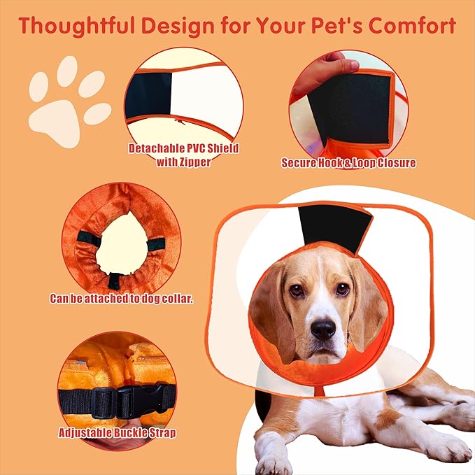 Inflatable Dog Cone with Transparent Shield, Protective Dog Donut Collar After Surgery Soft Donut Cone for Dogs, Orange, Large
