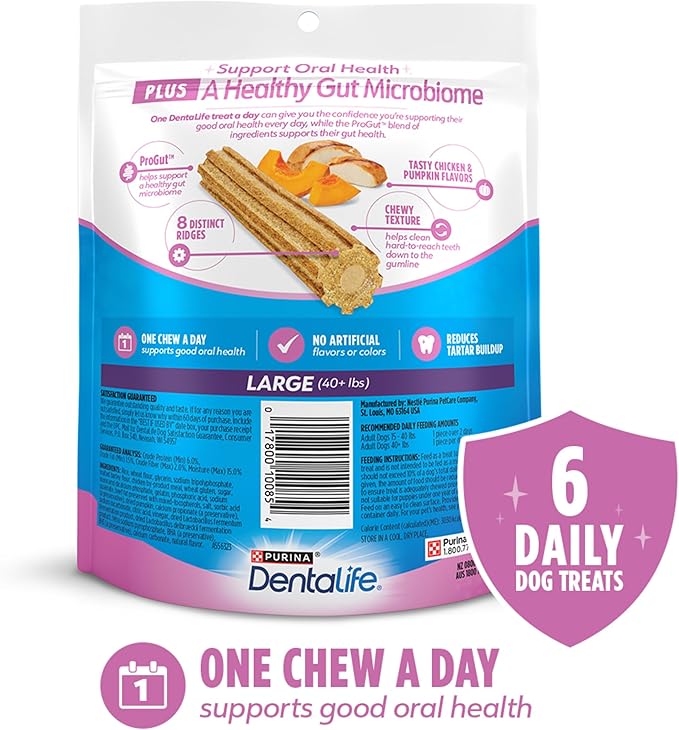 Dentalife Plus Digestive Support Dog Treats for Large Dogs 40 lbs. and up, Cleans Teeth, Freshens Breath, & Supports Healthy Gut, Chicken & Pumpkin Flavor, 7 oz., 6 Chews - 6 ct. Pouch (Pack of 2)