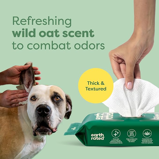Earth Rated Dog Ear Wipes, Vet-Developed Pet Ear Wipes for Dogs & Cats, Hypoallergenic Cleaner to Remove Dirt and Wax, Wild Oat Scent, 70 Count