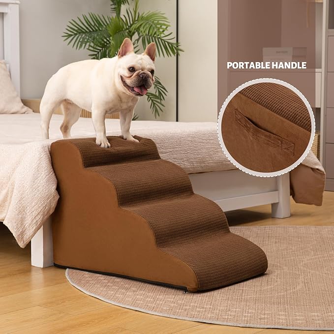 Aodisman 4-Step Dog Stairs and Ramp for Beds or Couches – Non-Slip Sturdy Pet Steps for Small Dogs and Cats,17.4" H,Brown