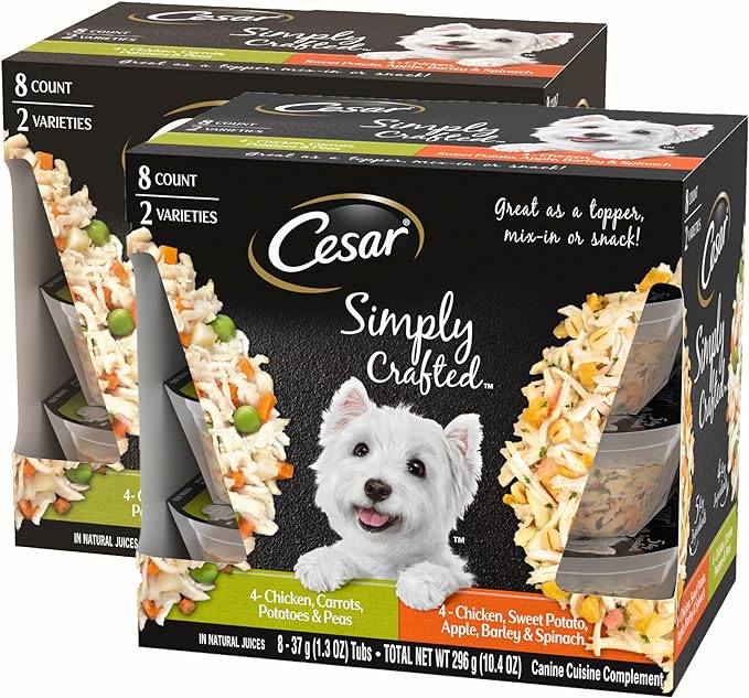 Cesar Simply Crafted Wet Dog Food Toppers for Dry Food, Chicken, Carrots, Potatoes & Peas and Chicken, Sweet Potato, Apple, Barley & Spinach Meal Topper Variety Pack, 1.3 oz. Tubs, 8 Count (Pack of 2)