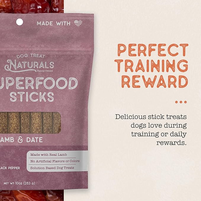 Dog Treat Naturals Superfood Sticks, Lamb & Date, 10oz Bag | Dog Chew Sticks | All-Natural, Pet Training Treats | Joint-Skin-Coat Health | USA Made