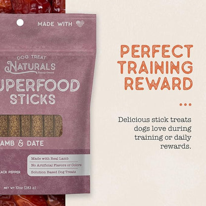 Dog Treat Naturals Superfood Sticks, Lamb & Date, 10oz Bag | Dog Chew Sticks | All-Natural, Pet Training Treats | Joint-Skin-Coat Health | USA Made