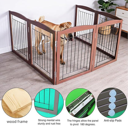 ZJSF Freestanding Foldable Dog Gate for House Extra Wide Wooden Brown Puppy Gate Stairs Dog Gates Doorways Tall Pet Gate 24 "Height 6 Panels Pet Fence