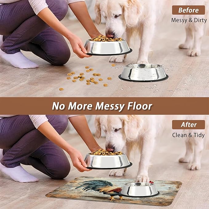 Rooster Dog Food Mat for Floors,Vintage Wood Panel Absorbent Quick-Dry Pet Feeding Mat,Cat Dog Bowl Mats for Food and Water,Non-Slip Pet Accessories Supplies 12"x20"